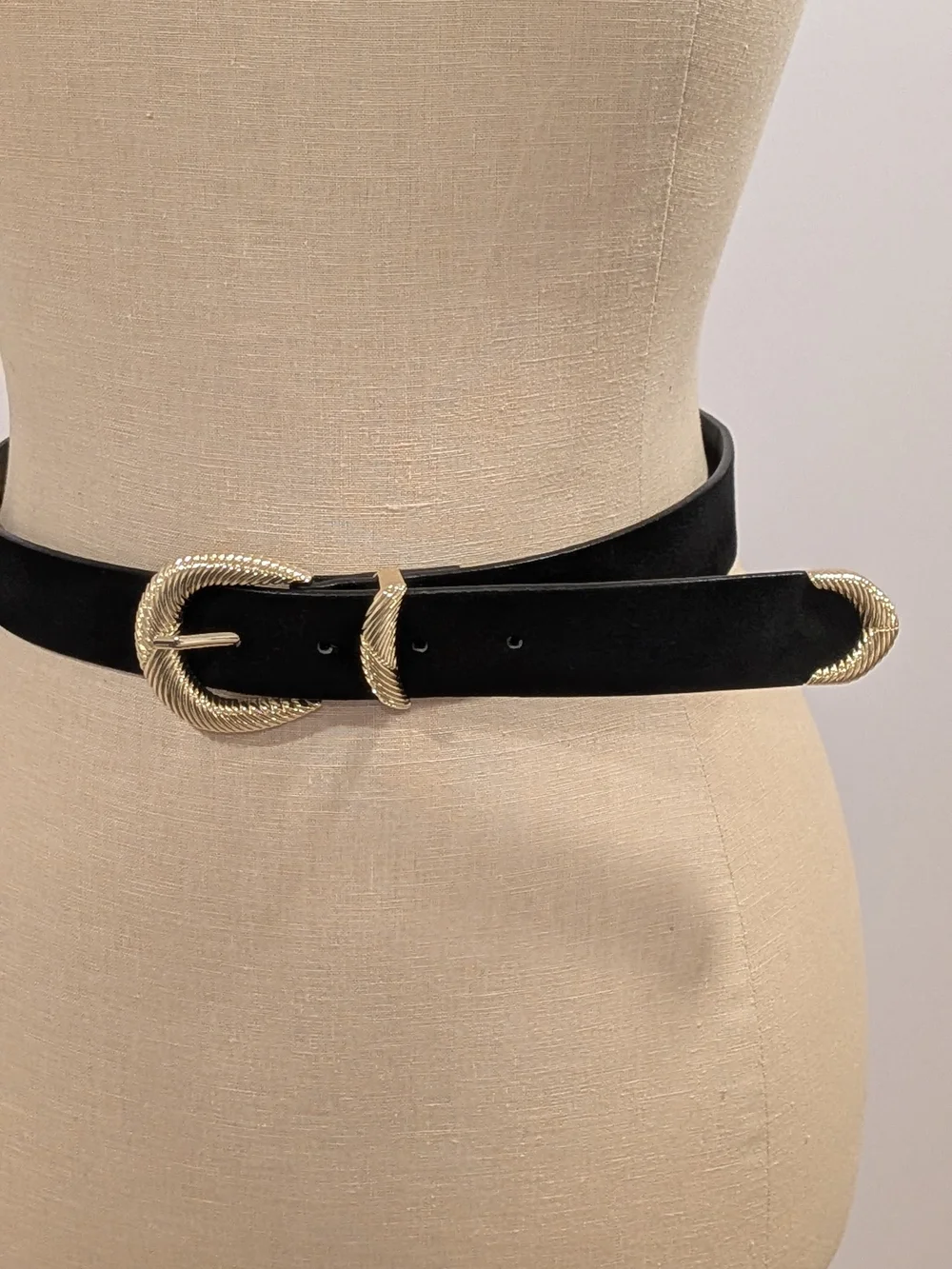 H&M Black Suede Belt with Textured Gold Buckle